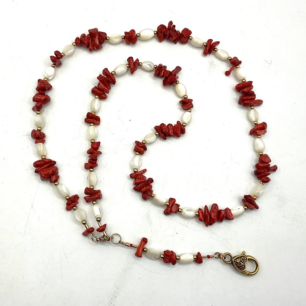 LANYARD NECKLACE Red Coral and Mother of Pearl Beads  29"